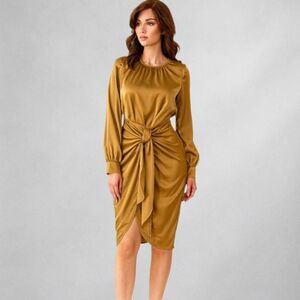 PrettyGarden Gold Dress L Satin Ruched Tie-Front Long Sleeve Elegant Party